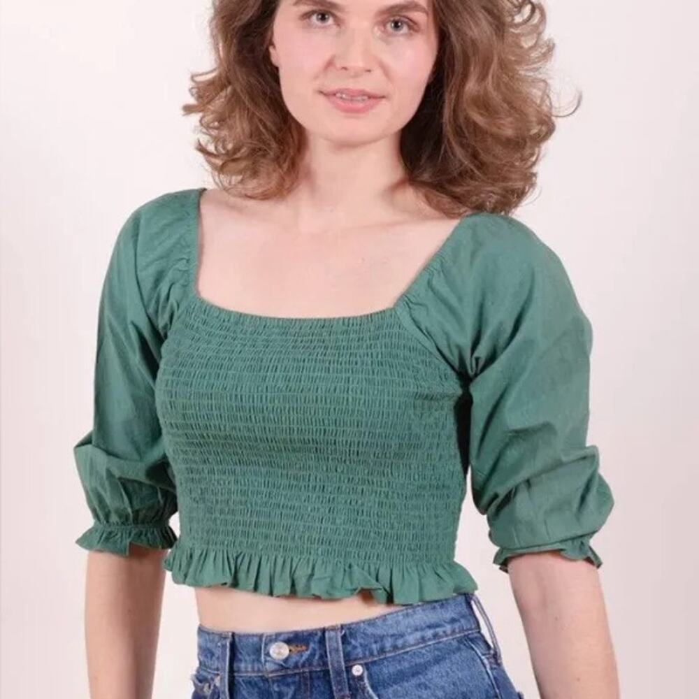 Mata Traders Theodora Sage Green Smocked Off The Shoulder Blouse Top Size Small